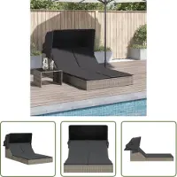The Living Store Doppel-Sonnenliege mit Dach und Auflagen Grau Poly Rattan
