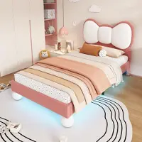 OKWISH Einzelbett 90x200 Kinderbett ohne Matratze mit Fliegeformiges Bettkopfteil,Jugendbett mit anpassbare LED-Lichtleiste und Lattenrost,Beige+Rosa
