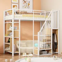 Flieks Etagenbett 90x200cm mit Bücherregal, Hochbett Metallbett mit Treppe und Kleiderstange, Kinderbett mit Rausfallschutz und Lattenrost, Weiß