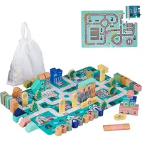 Relaxdays Holzbausteine Stadt, 113 Bauklötze, Puzzlematte, mit Gebäuden, Rennstrecke, Zahlen, Bausteine ab 3 Jahre, bunt