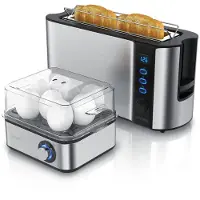 Arendo 2-teiliges Frühstücksset, 2-Scheiben Langschlitztoaster FRUKOST, 8er Eierkocher, Silber