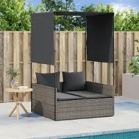 Prolenta Maison Exclusive - Doppel-Sonnenliege mit Dach und Vorhängen Grau Poly Rattan