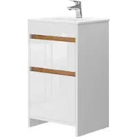 Vicco Waschbeckenunterschrank Detmold Weiß Hochglanz/Goldkraft Eiche 2 Teile, mit Waschbecken und 2 Schubladen, Model 43365