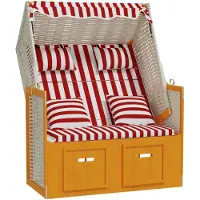 Syfax Strandkorb mit Kissen Poly Rattan und Massivholz Rot & Weiß