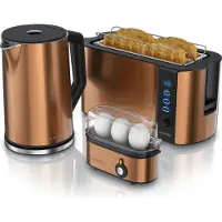 Arendo 3-teiliges Frühstücks-Set, 4 Scheiben Langschlitztoaster, Wasserkocher 1,5l, 3er Eierkocher, Kupfer