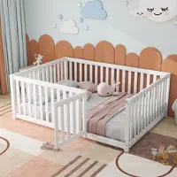Flieks Kinderbett Bodenbett Holzbett mit Rausfallschutz und Tür, Spielbett Doppelbett für Kinder 140x200cm, Weiß