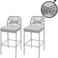 Mendler 2er-Set Rope-Barhocker HWC-O21, Outdoor Sitzpolster Seilgeflecht Metall hellgrau, Kissen hellgrau