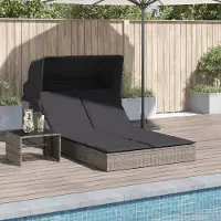 vidaXL "im " Doppel-Sonnenliege - 2-Personen-Liegestuhl - für den Garten - mit Dach und Auflagen Grau Poly Rattan - Gartenliegen CC16966