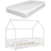 En.casa Kinderbett ’Sisimiut’ in Haus-Optik mit Matratze und Rausfallschutz Kiefernholz 70 x 140 cm Weiß