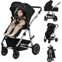 Lionelo Amber Kinderwagen 2 in 1 Kombikinderwagen, Set mit sportlichen Sitz, Fester Babywanne, Tasche, Moskitonetz, Abdeckung Regenblatt -Black Silver