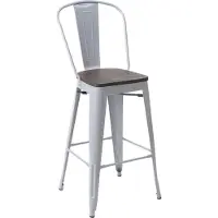 Mendler Barhocker MCW-A73 inkl. Holz-Sitzfläche, Barstuhl Tresenhocker mit Lehne, Metall Industriedesign grau