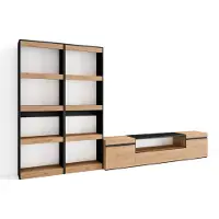 Skraut Home Wohnwand Wohnzimmer, 320x35x186cm, Für TV-Geräte bis zu 80", Wohnzimmer Möbel, Eiche und Schwarz