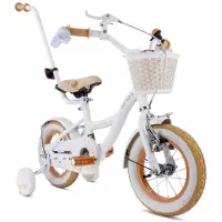 Sun baby Kinderfahrrad für Mädchen, 12 Zoll, Korb, Führungsschienen, Seitenräder, Blumenmuster, Löwenzahn, weiß-beige, Sonnenmotiv