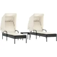 Syfax Sonnenliegen 2 Stk. mit Dach und Tisch Schwarz Poly-Rattan