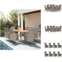 vidaXL 9-tlg. Garten-Essgruppe mit Kissen Grau Poly Rattan - Gartenstühle