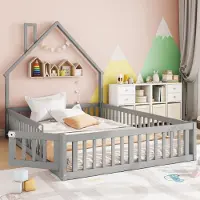 Flieks Kinderbett Hausbett 140x190cm mit Lattenrost, Bodenbett mit Rausfallschutz und Tür, Doppelbett Holzbett für Kinderzimmer, Grau