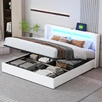 UnboxG Gepolstertes Bett 160x200cm (Kunstleder): LED-Streifen + Bluetooth-Player + USB-Anschluss, Staufach + weißer Lattenrost, Doppelhochbett