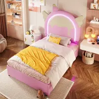 STILVORA Kinderbett 90×200 Polsterbett Ohne Matratze it Leuchtleiste,Jugendbett mit Kopfteil in Einhornform,Prinzessinnenbett mit 2 Schubladen,Rosa