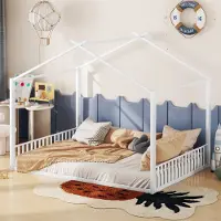 OKWISH Kinderbett mit Matratze 140x200cm Hausbett mit Lattenrost,Metallbett Jugendbett mit Rausfallschutz,Weiß