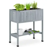 Relaxdays Hochbeet Holz, Pflanzbeet auf Stelzen, HBT: 80,5 x 74 x 38 cm, Garten, Balkon & Terrasse, mit Folie, grau