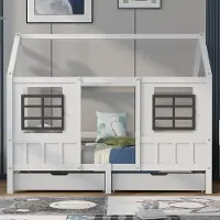 Flieks Kinderbett Hausbett 90x200cm mit 2 Schubladen, Einzelbett mit Lattenrost, Kiefer Weiß ohne Matratze