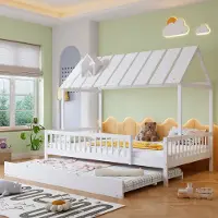 MODFU Kinderbett Holzbett 120x200cm mit Rollbett 120x190cm ,Jugendbett Massivholzbett Hausbett mit 3-seitigem Gitter und Kaminleiste, Weiß(Ohne Matratze)