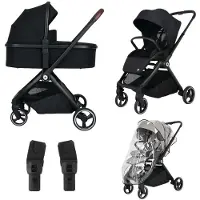 Topmark Diaz Kinderwagen 2-in-1 – Babywanne & Sportsitz, 22 kg, leicht & kompakt, verstellbarer Schiebebügel, Allradfederung, inkl. Regenh - Black