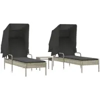 Syfax Sonnenliegen 2 Stk. mit Dach und Tisch Hellgrau Poly Rattan