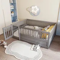 STILVORA Kinderbett 140x200cm Jugendbett mit Gitter und Tür, Ohne Lattenrost,Holzbett mit vollem Zaun,Bodenbett aus Kiefernholz,Grau(mit Matratze)