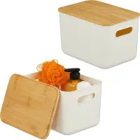 Relaxdays Aufbewahrungsbox, 2er Set, Deckel, Kunststoff, Bambus, Griff, HxBxT: 16 x 26 x 17,5 cm, Organizer, weiß/natur