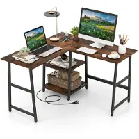Costway Schreibtisch L-Form, Eckschreibtisch mit Steckdosen, USB-Anschlüssen & Ablageflächen, Computertisch, Bürotisch 120x120x75cm Rustikales Braun