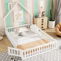 Flieks Kinderbett Hausbett 140x190cm mit Lattenrost, Bodenbett mit Rausfallschutz und Tür, Doppelbett Holzbett für Kinderzimmer, Weiß