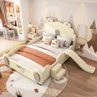 MODFU Polster-Kinderbett 140×200 Doppelbett Jugendbett mit LED-Farbwechsel, Bärenkopf, Leiter und Matratze, für Kinderzimmer geeignet, Beige