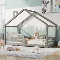 Merax Kinderbett 90x200cm mit Rausfallschutz und Schornstein, Hausbett Bodenbett Kiefernholzbett Einzelbett mit Lattenrost, Grau