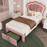 OKWISH Kinderbett Plattformbett 90×200 cm mit Lattenrost, Polsterbett Jugendbett für Jungen und Mädchen, Funktionelles Einzelbett mit LED-Licht und Schubladen- Samt Rosa(Ohne Matratze)
