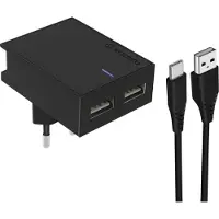Swissten , Wandladegerät (Dual USB, 3A) mit USB-C Kabel (Slim Series), Schwarz