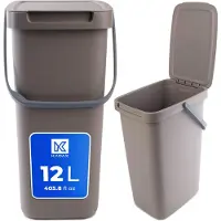 Kadax Abfallbehälter mit Deckel und Griff, Abfalleimer aus Plastik, Mülleimer für die Mülltrennung (Braun, 12L)