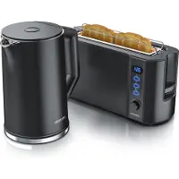 Arendo Frühstücksset, Wasserkocher mit Temperatureinstellung, Edelstahl, 2200W, 1,5L + Toaster 2 Scheiben, Langschlitztoaster 2 Scheiben, Langschlitz, 1000W, Schwarz