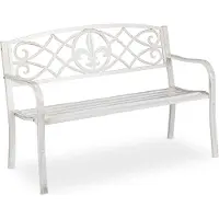 Relaxdays Gartenbank, stabile Parkbank aus Metall, Sitzbank mit gusseiserner Lehne für draußen, 86x127x57cm, weiß/bronze