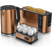 Arendo 3-teiliges Frühstücks-Set, 2-Scheiben Langschlitz Toaster, 6er Eierkocher, Wasserkocher 1,5 Liter, Kupfer