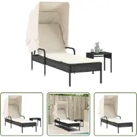 The Living Store Sonnenliege mit Dach und Tisch Schwarz Poly Rattan