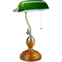 Relaxdays Bankerlampe mit Zugschalter, neigbarer Glasschirm, Holzfuß, Retro Design, E27-Fassung, Schreibtischlampe, grün