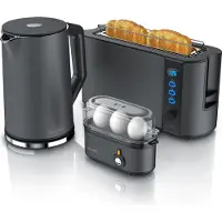 Arendo Frühstücks-Set Toaster 2 Scheiben, Langschlitztoaster 1000W, Wasserkocher mit Temperatureinstellung 1,5l, Eierkocher 3 Eier, Cool Grey