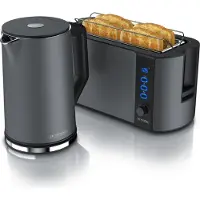 Arendo 2-teiliges Frühstücksset - Edelstahl Wasserkocher 1,5l, 4-Scheiben Langschlitz Toaster, Grau