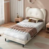 OKWISH Kinderbett 90x200 Einzelbett mit niedliches Kopfteil in Tierform,Bettgestell mit Lattenroste und Eisenrahmenverbindung,mit Matratze ,Beige