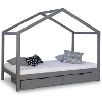 Homestyle4u Kinderbett 90x200 Hausbett Matratze mit  Standard 100 mit  Standard 100 Kinderhaus Holzbett Grau Bettkasten mit Stauraum