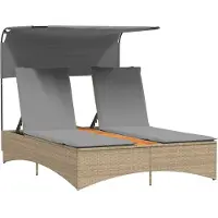 vidaXL Doppel-Sonnenliege mit Dach und Auflagen Beige Poly Rattan