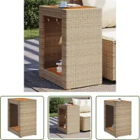 The Living Store Garten-Beistelltisch mit Holzplatte Beige Poly Rattan