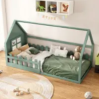 STILVORA 90x200 Kinderbett mit Hausleiste,Jugendbett aus Holz,Einzelbett in Hausform für Jungen und Kinder,Einfach zu montieren,mit Matratze,MDF,Grün