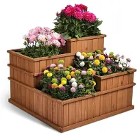 Needs&wants® Multi Hochbeet mit 4 Pflanzkästen quadratisch aus Holz für Garten Balkon Terrasse, 4er Pflanzbeet Blumenbeet niedrig mit Folie, braun